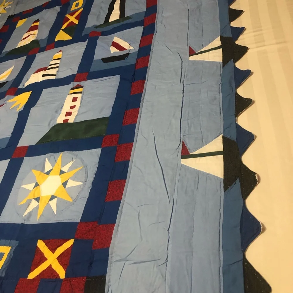 Day By Day Handcrafting 100% Natural Fabrics Nautical Themed Quilt Twin 68”x 86”